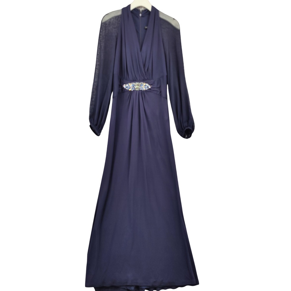 David Meister Women Elegant Regencycore Maxi Gown 8 Navy Blue Beaded Long Sleeve